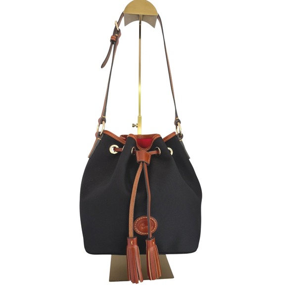 Dooney & Bourke Handbags - Dooney & Bourke Black Nylon Leather Trim Drawstring Bucket Bag Tassel EUC